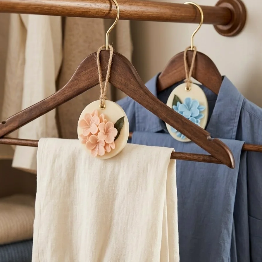 Dos wax tablets con hortensias colgadas de perchas
