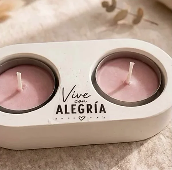 Portavelas doble "Vive con alegría" con tealights rosas